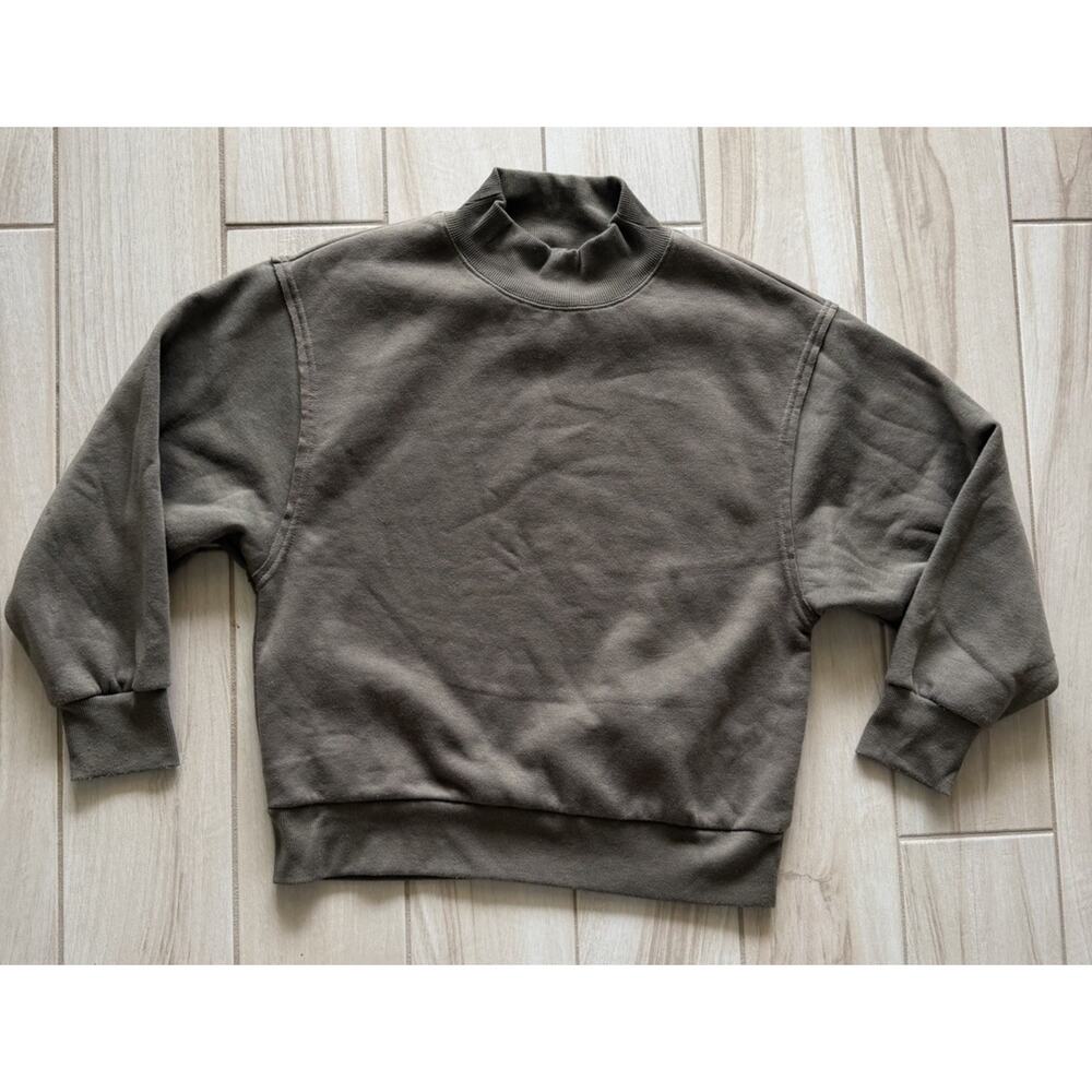 Womens Green Taupe Mock Neck Sweatshirt Large Cropped Lotus Logo Athleisure